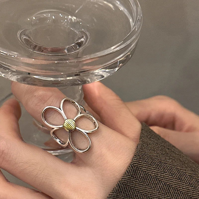 925 Sterling Silver Rings for Women Couple Minimalist Handmade Simple Big Flower Ring Party Prevent Allergy Jewelry Party Gifts