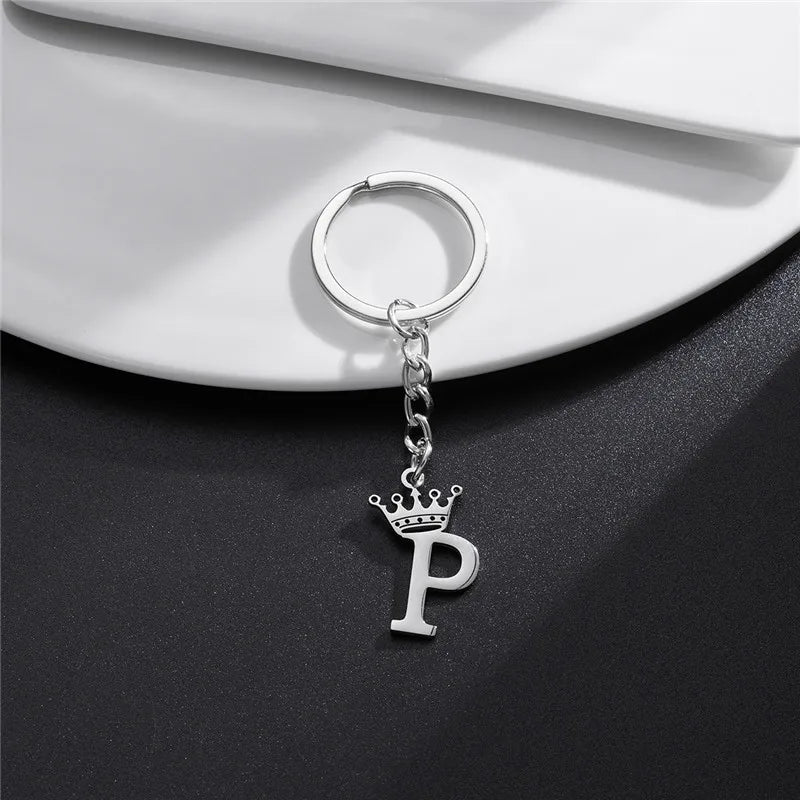 Fashion Crown A-Z Letters Pendant Keychains for Lovers Silver Color 26 Alphabet Keyring Women Car Key Ring Unique Name Jewelry
