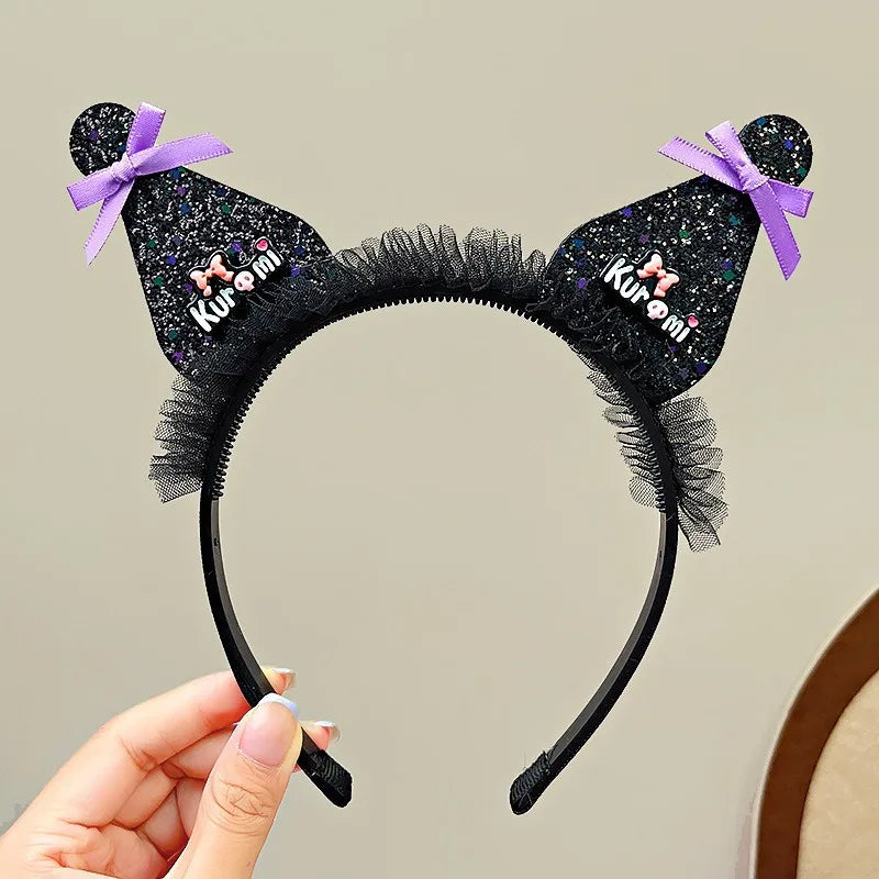 Kawaii Sanrio Kuromi Children Headband Hello Kitty Melody Cinnamoroll Cartoon Bow Shiny Hairband Hair Accessories Christmas Gift