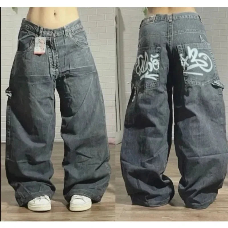 Y2K American New Pattern Embroidery Baggy Jeans Men High Street Vintage Hip Hop Fashion Casual Joker Couple Wide-leg Pants