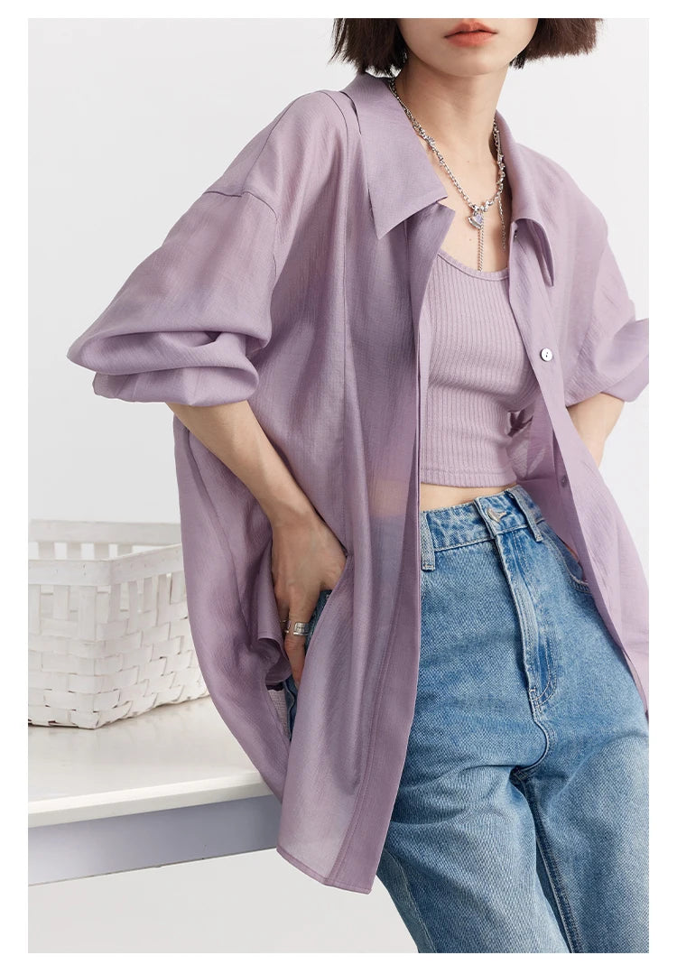 CHIC VEN Women Thin Shirt Long Sleeve Casual Loose Slightly Transparent Cool Blouses Woman Solid Design Female Top Summer 2024