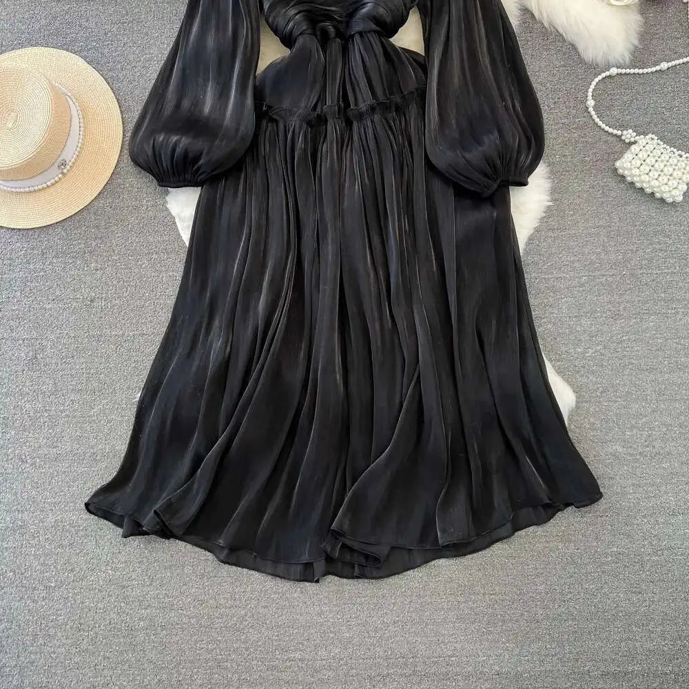 Elegant Long Sleeve Midi Party Dresses Women Summer Autumn Bright Faux Silk Retro Solid Evening Party Vestidos