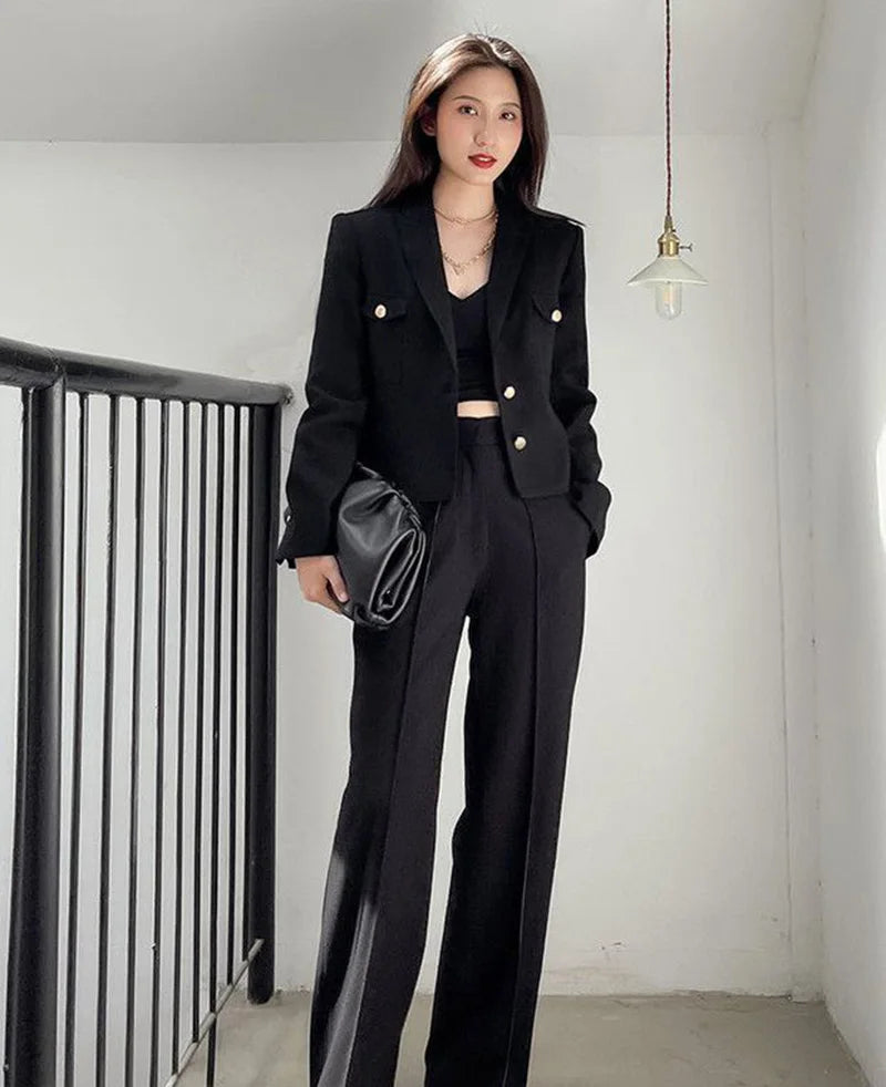 Zoki Casual Black Blazer Coats Women Fashion Slim Long Sleeve Elegant Short Jackets Fall Korean Double Buttons Office Lady Tops