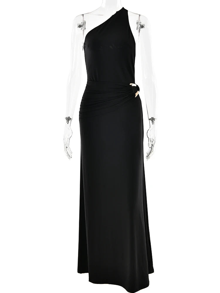 Sibybo Oblique Shoulder Sleeveless Ruched Maxi Dress For Women Gown Elegant Metal Rings Backless Bodycon Long Dresses Vestidos