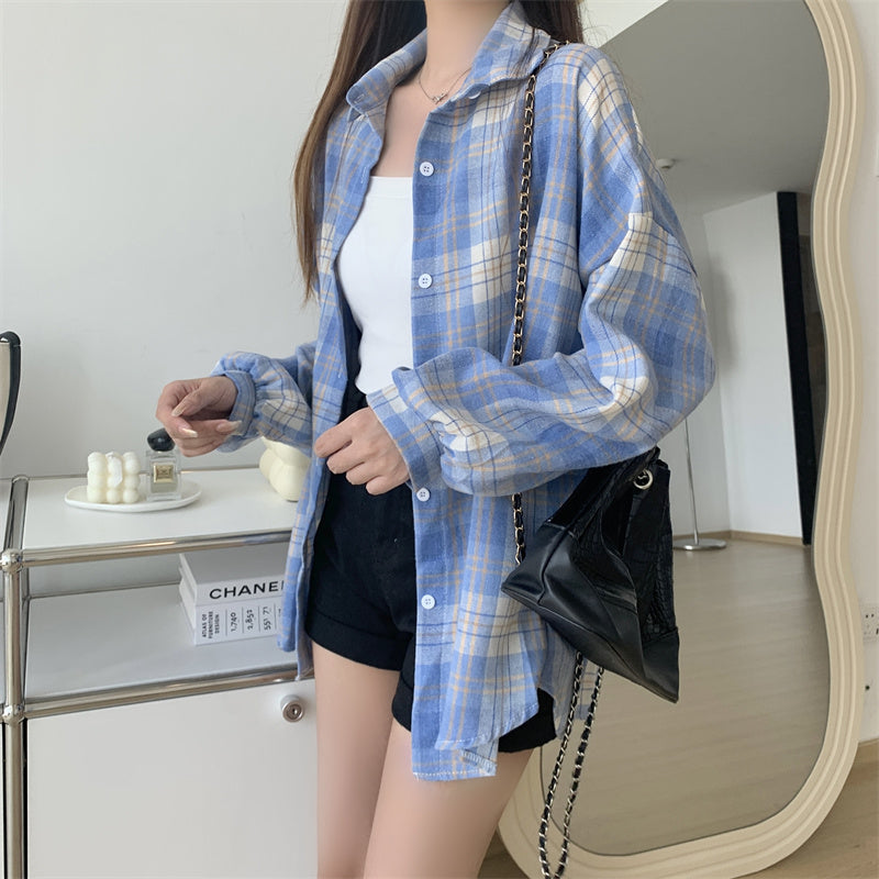 Women Tartan Shirt Long Sleeve Collared Button Up Oversized Plaid Shirt Jacket Grunge Fashion Teenage Girl Spring Summer Outfit