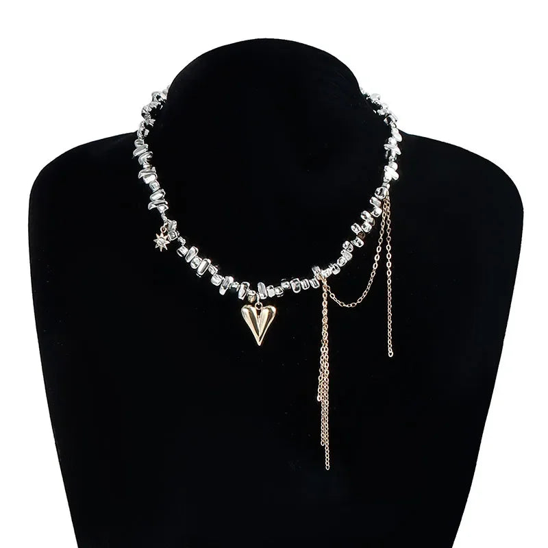 Women Trendy Love Tassel Pendant for Female Irregular Beaded Collarbone Chain Metal Design Fashion Necklace Jewelry Gift