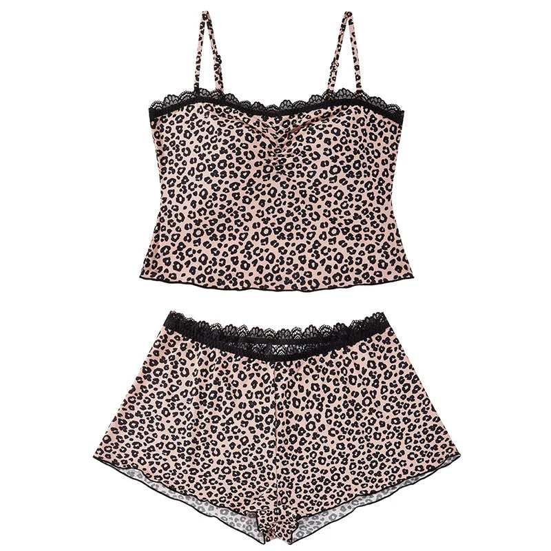 Logirlve Sexy Lace Patchwork Camisoles Backless Retro Leopard Print Halter Top Women's Summer New Sleeveless Outerwear Set
