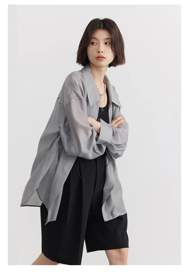 CHIC VEN Women Thin Shirt Long Sleeve Casual Loose Slightly Transparent Cool Blouses Woman Solid Design Female Top Summer 2024