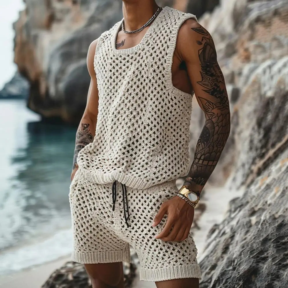 Vest Shorts Set Men's Casual Sleeveless Knit Top Drawstring Shorts Set for Daily Wear Elastic Waist Wide Leg Shorts for Men's