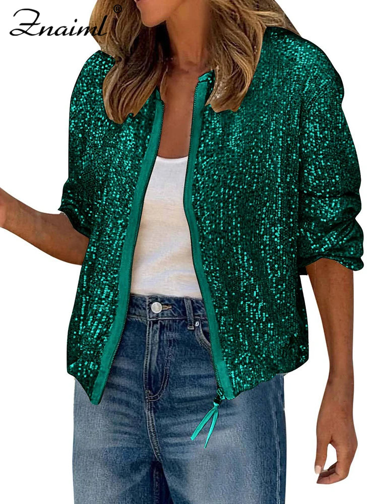 Znaiml Women Luxury Sequin Jacket Y2k Harajuku Green Color Zipper Long Sleeve Short Coat Autumn Winter Ladies Night Clubwear New