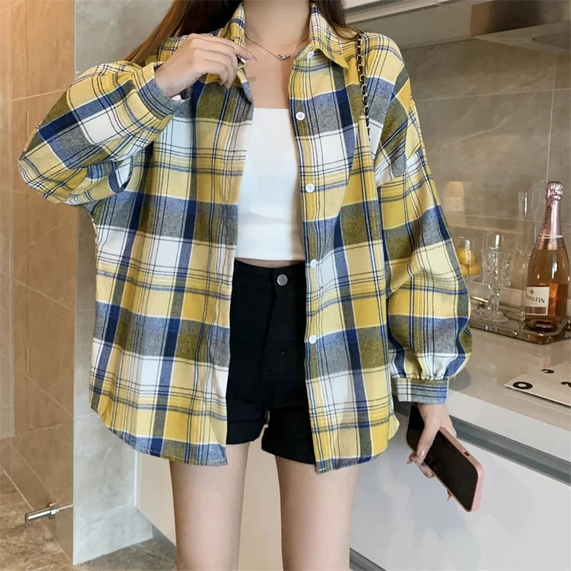 Women Tartan Shirt Long Sleeve Collared Button Up Oversized Plaid Shirt Jacket Grunge Fashion Teenage Girl Spring Summer Outfit