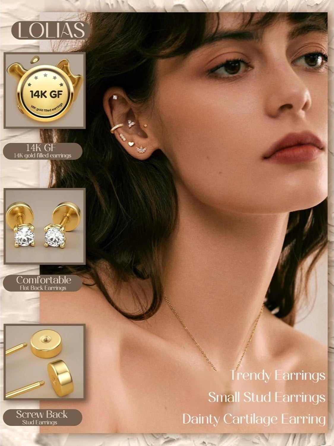 FASACCO Flat Back Stainless Steel Stud Earrings for Women 14K Gold-plated Cartilage Earring Helix Conch Tragus Piercing Jewelry