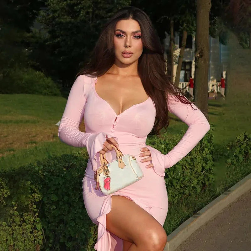 Sibybo Ruffles V Neck Bodycon Maxi Dress Women Fashion Single-breasted Flare Sleeve Side Split Irregular Party Dresses Robes
