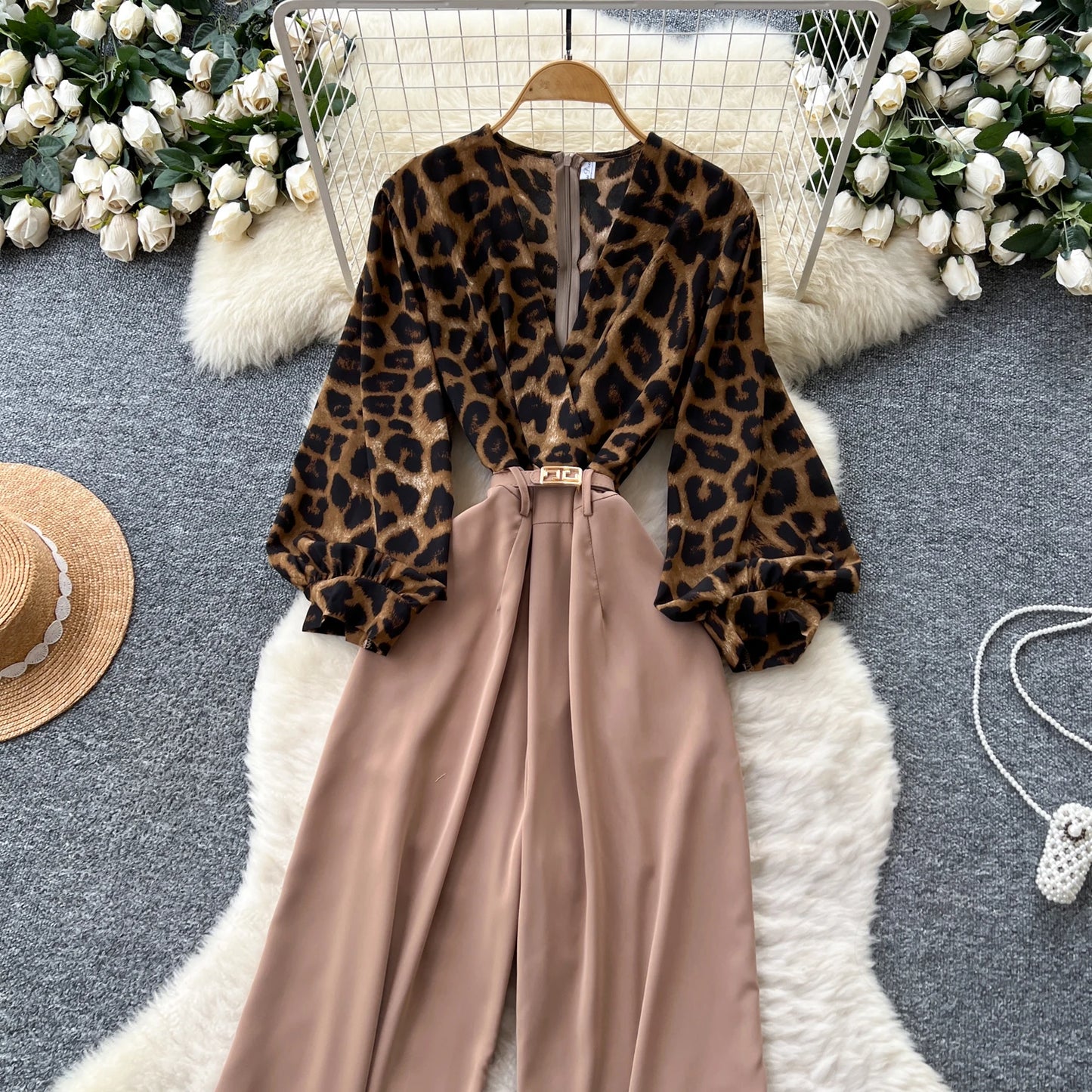SINGREINY Autumn Leopard Long Jumpsuits V Neck Long Sleeves Belt Wide Legs Pants Women American Retro Senior Office Lady Rompers