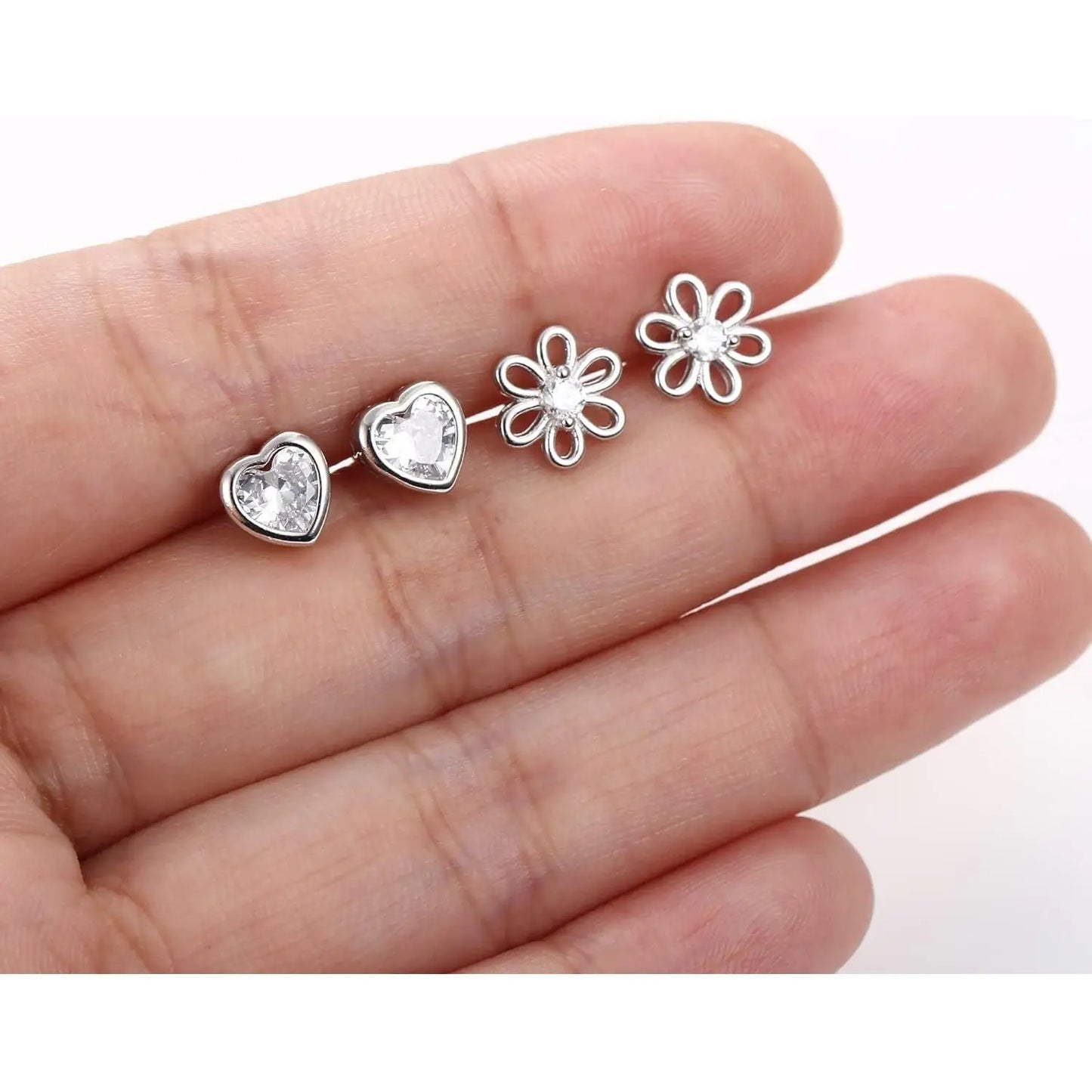 Fansilver 2pcs 925 silver Screw Back Earrings for Women Heart Flower CZ Earring Studs Tragus Cartilage Piercing Jewelry