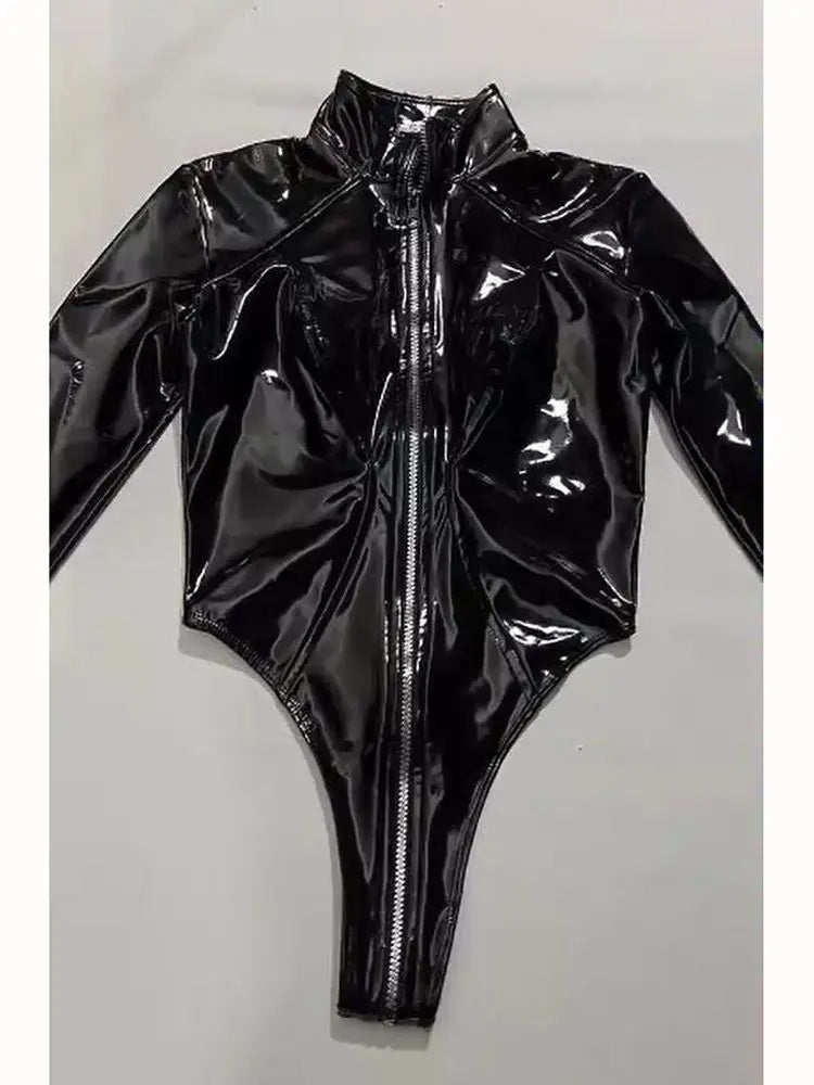 Shiny Faux PU Leather Zipper Open Crotch Bodysuit Wet Look PVC Catsuit Tight Sexy Body Teddies High Cut Swimsuit Leotard Unitard