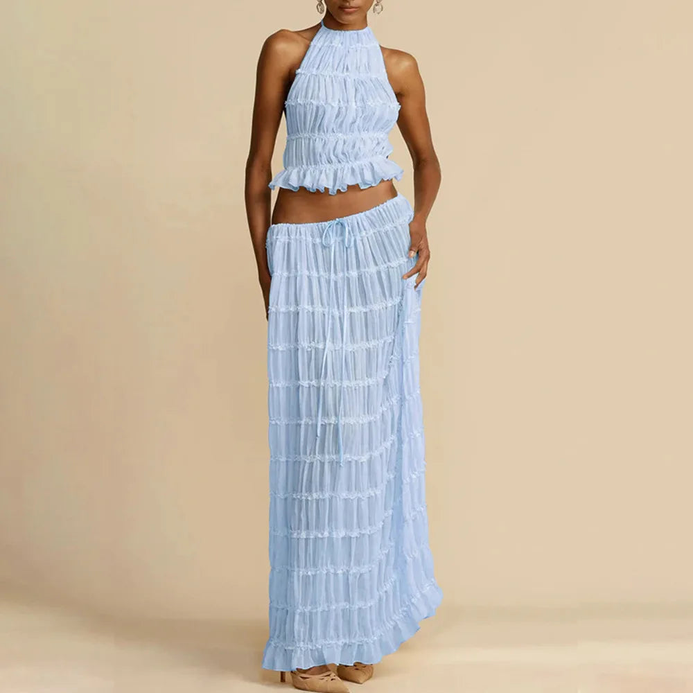 2024 Summer Party Elegant Women Beach Skirt Suit Sleeveless Backless Cropped Halter Lace Up Tops And Long Skirts Two Piece Sets