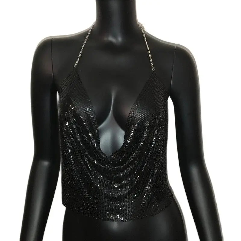 Festival Brilliant Rhinestone Backless Party Crop Top Women 2022 Summer Glitter Evening V Neck Diamonds Metal Tank Tops