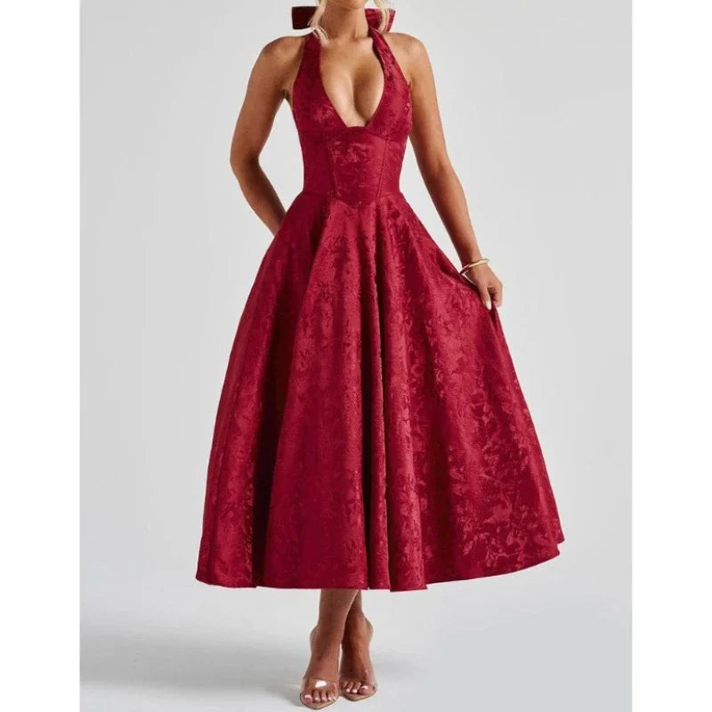 Deeptown Elegant Sexy Evening Party Dresses Women Korean Style Halter V-neck Dress Sweet Backless Yellow Summer Solid Midi Dress