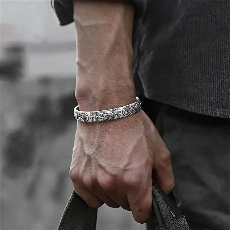 Thai Silver Tune-bringing Pixiu Copper Coin Men Bracelet Domineering Men Personality Heart Sutra Hand Ring Birthday Gift Jewelry