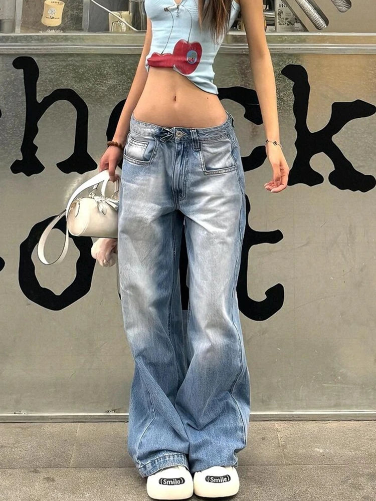 レディース アメリカンヴィンテージ Y2K 日本原宿 ストリートウェア バギー ローライズ デニムパンツ ロングトラウザー 2000年代 エステティック ジーンズ Kpop パンク