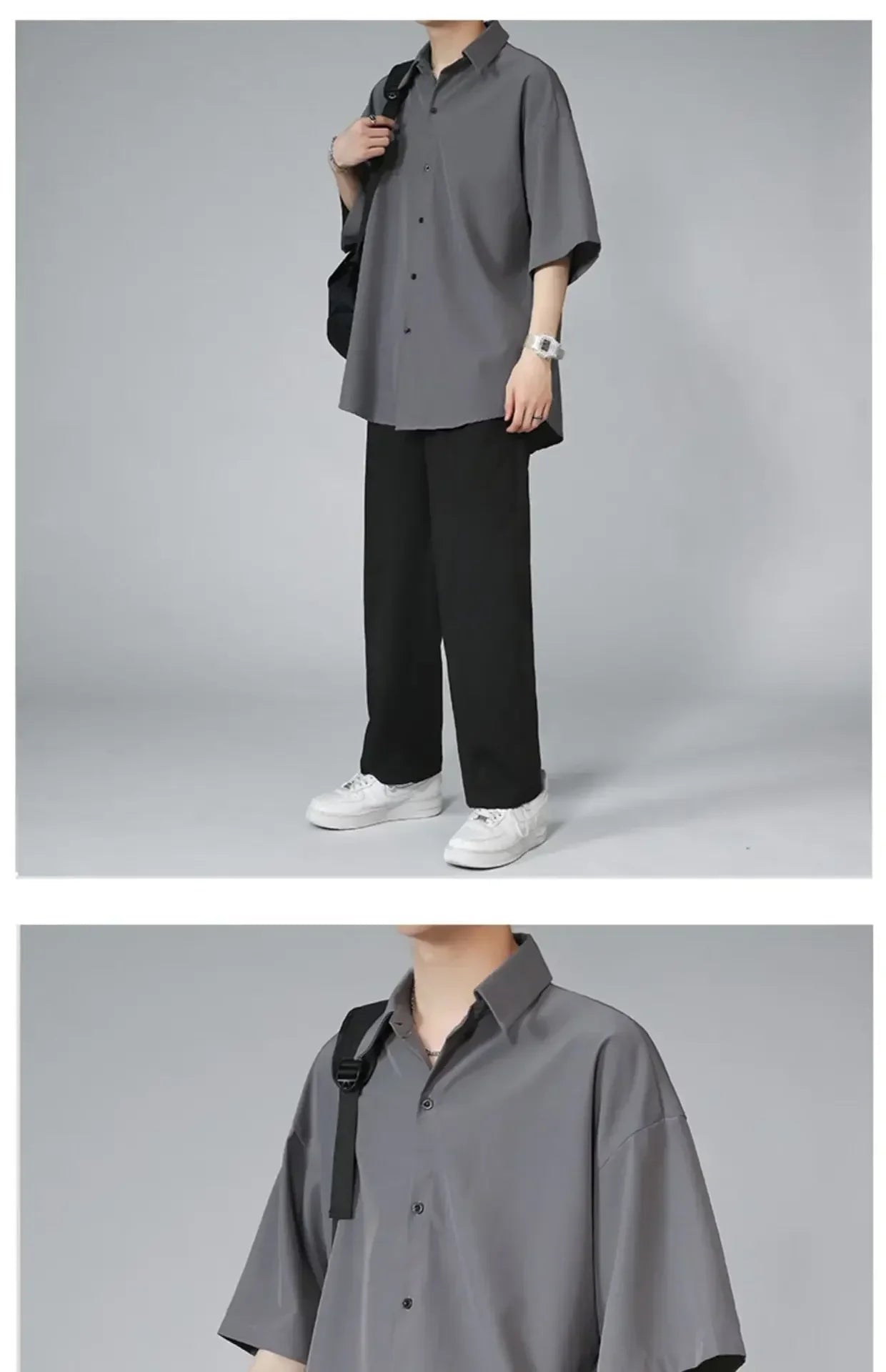 Men's Ice Silk Short Sleeve Shirt Casual Loose Fit Korean Style Trendy Black Shirt For Summer Thin Sleeve Casual