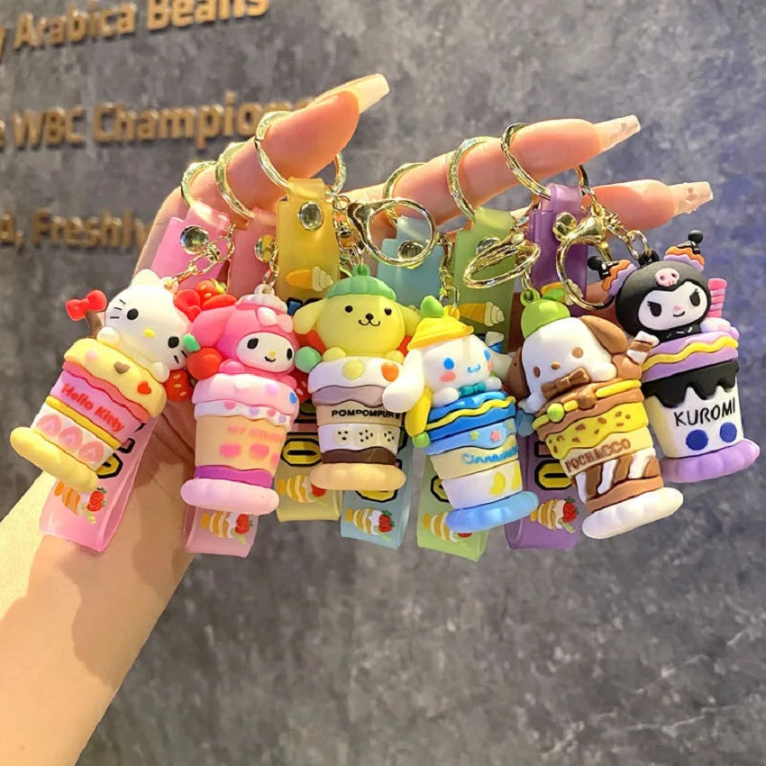 Ice cream Sanrio Hello Kitty Figures Keychain Kuromi My Melody Action Figural Model PVC Key Ring Cinnamoroll Birthday Gifts