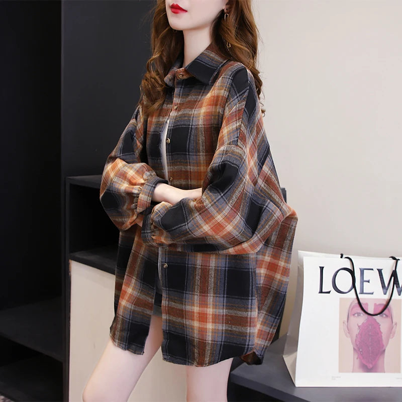 Women Tartan Shirt Long Sleeve Collared Button Up Oversized Plaid Shirt Jacket Grunge Fashion Teenage Girl Spring Summer Outfit