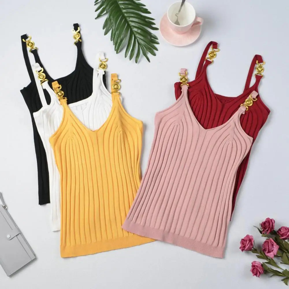 Women's Vest Solid Color Metal V Neck Backless Sleeveless Daily Wear Slim Striped Women's Summer Vest Women's Camisole Tops