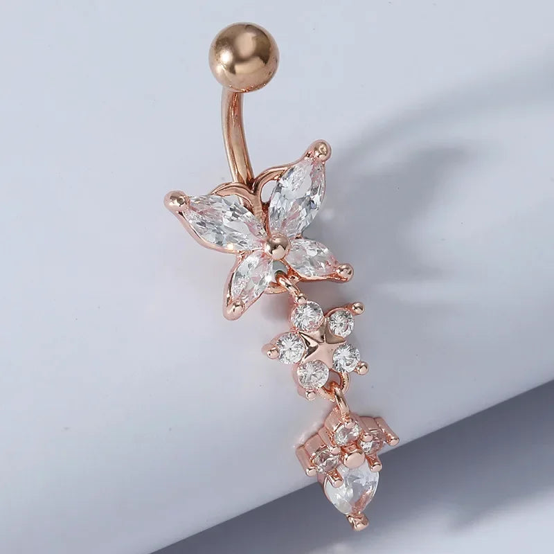Alloy Zircon Navel Nail Ring Crystal Bar Barbell Drop Flower Dangle Body Piercing Belly Button Rings Men Women Body Jewelry Gift