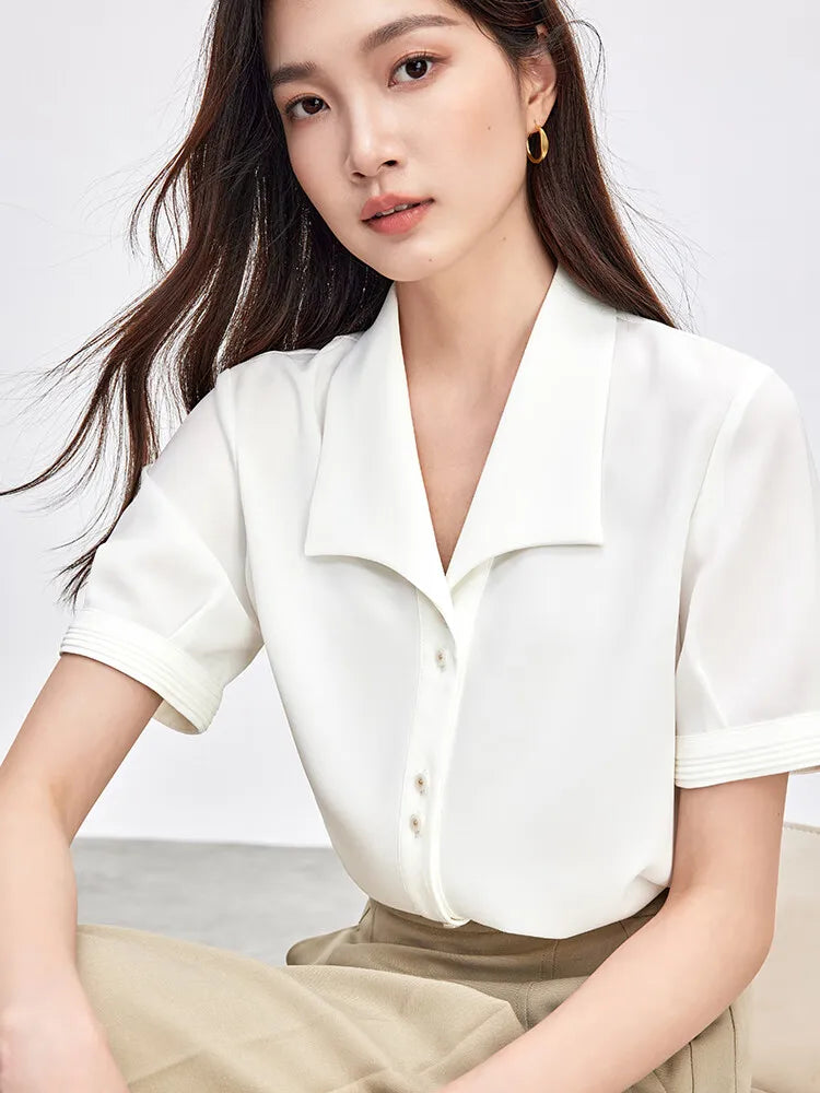 SENTUBILA Turn Down Collar Shirt Women Summer 2025 Twill Texture Chic Button Short Sleeve Elegant Solid Woman Blouse 152C87931