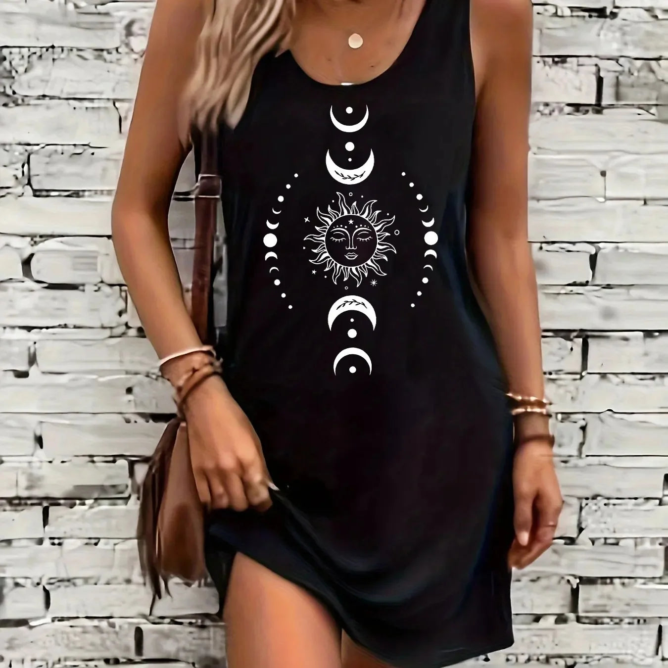 Women's summer loose and comfortable casual sun and moon pattern printed black sleeveless vest dress punk style dress