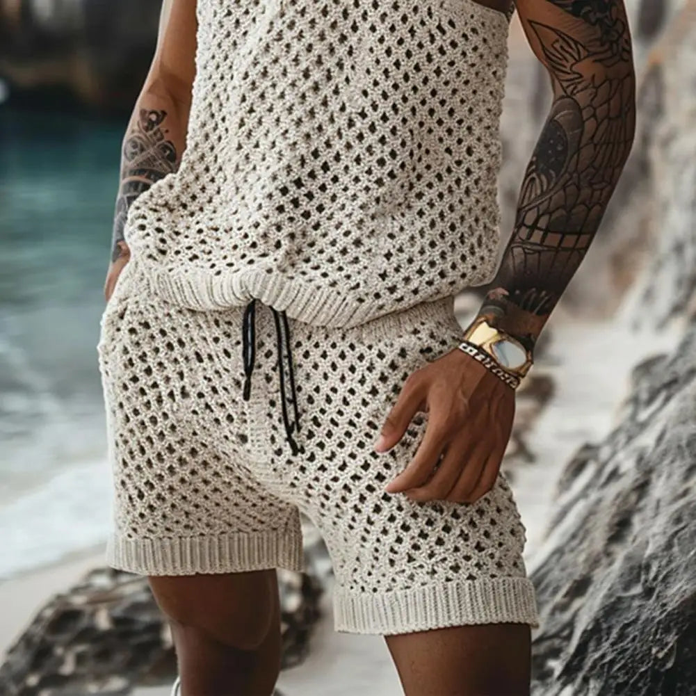 Vest Shorts Set Men's Casual Sleeveless Knit Top Drawstring Shorts Set for Daily Wear Elastic Waist Wide Leg Shorts for Men's