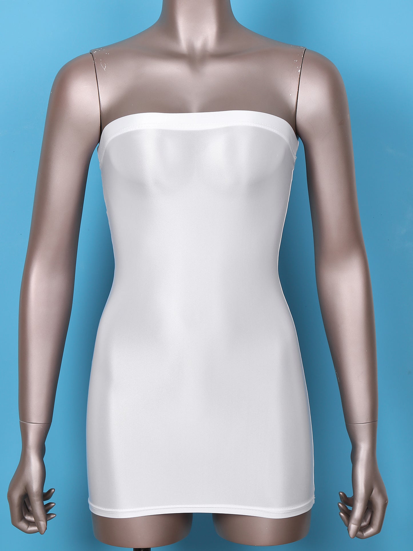 Sexy Women Oil Glossy Sheer Bodycon Dress Females See Through Strapless Pencil Dress Smooth Tight Mini Dress Clubwear