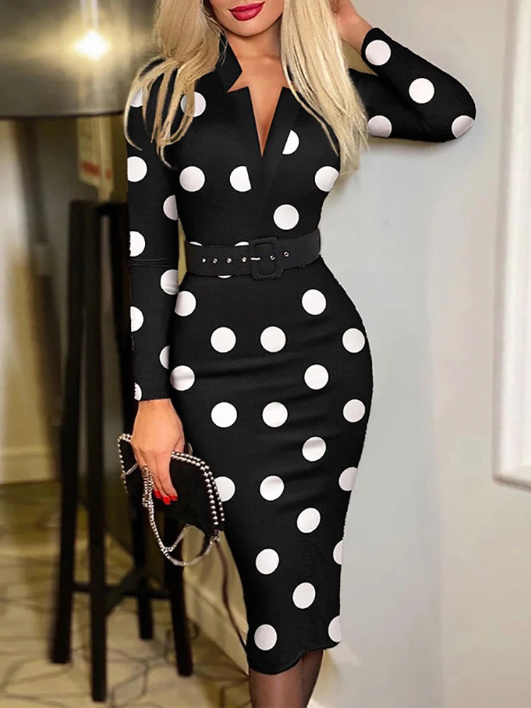 New Women Printing Office Lady Long Sleeve Party Dress Spring Autumn Deep V-Neck Slim Ladies Dress Belt Streetwear Dropshipping