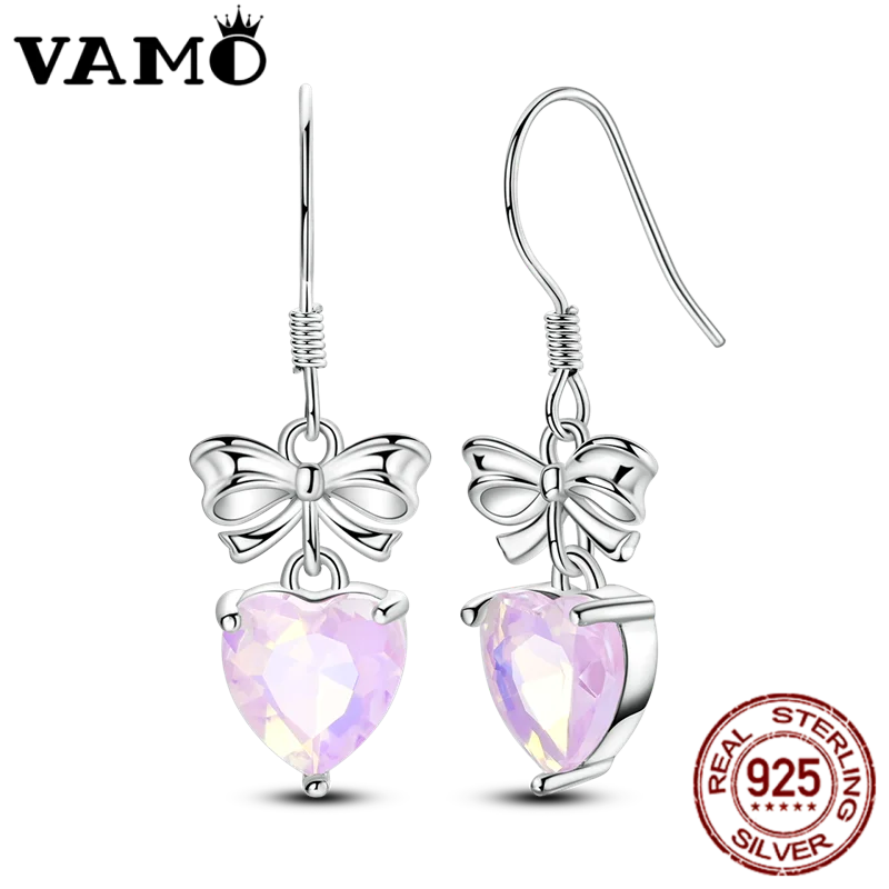 VAMO 925 Sterling Silver Bow Tie and Heart Earrings Women Sparkling Ear Studs CZ Earring For Anniversary Wedding Gift