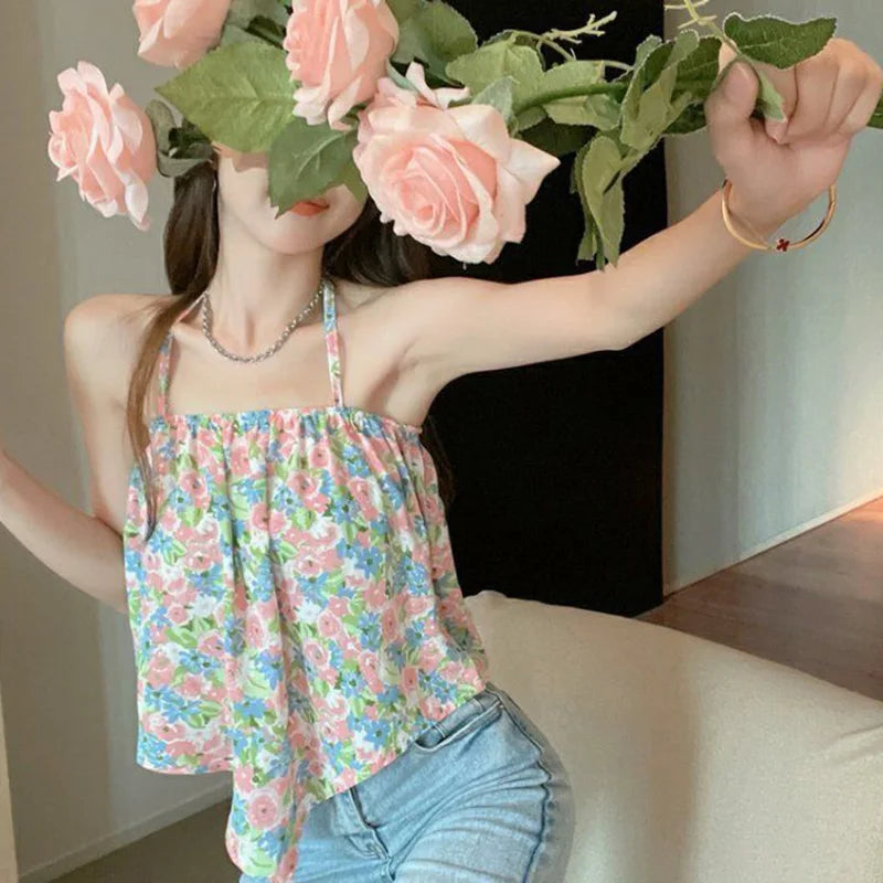 Sexy Backless Halter Tank Women Korean Floral Sweet Fashion Summer Beach Cool Crop Top Pretty Style Female Harajuku Clothes
