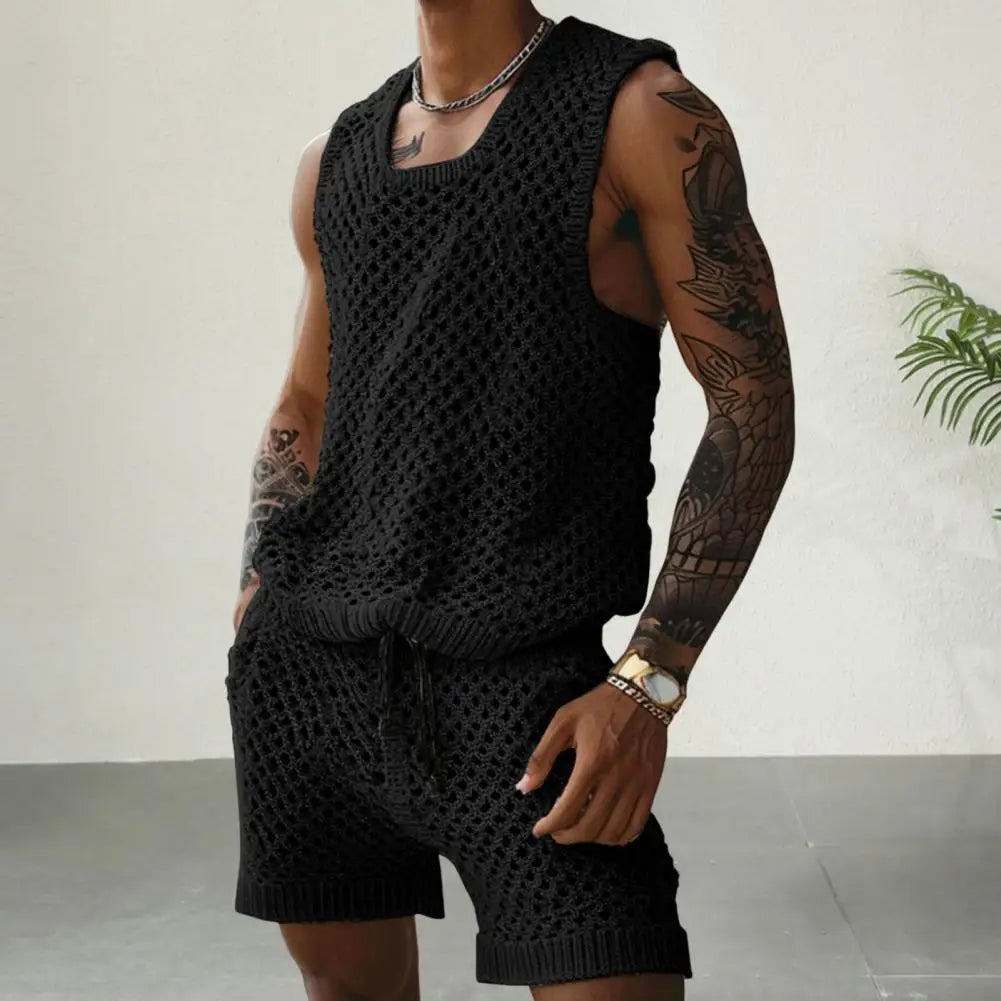 Vest Shorts Set Men's Casual Sleeveless Knit Top Drawstring Shorts Set for Daily Wear Elastic Waist Wide Leg Shorts for Men's