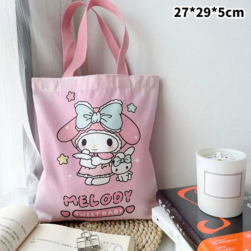 Kawaii Sanrio Hello Kitty Canvas Bag Pochacco Kuromi Cinnamoroll Handbag Large Capacity Shopping Bags Storage Bag