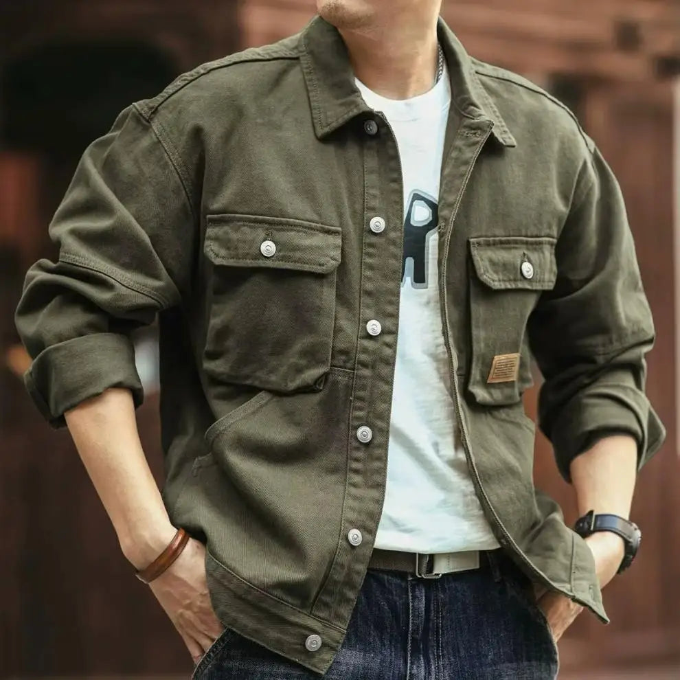 American Retro Denim Jacket Men's Autumn and Winter Trendy Brand Heavyweight Washed Lapel Jacket Trendy and Cool French Workwear