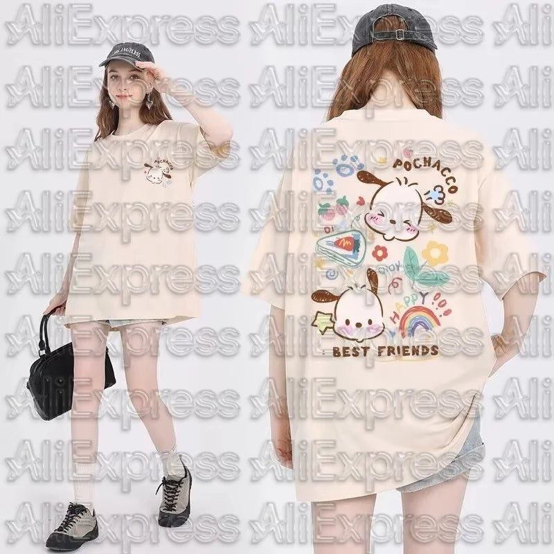 MOTO Kawaii Sanrioed Womens T-Shirt Anime Kuromi Cinnamoroll Cotton Round Neck My Melody Kuromi Printing Tops Girls Summer
