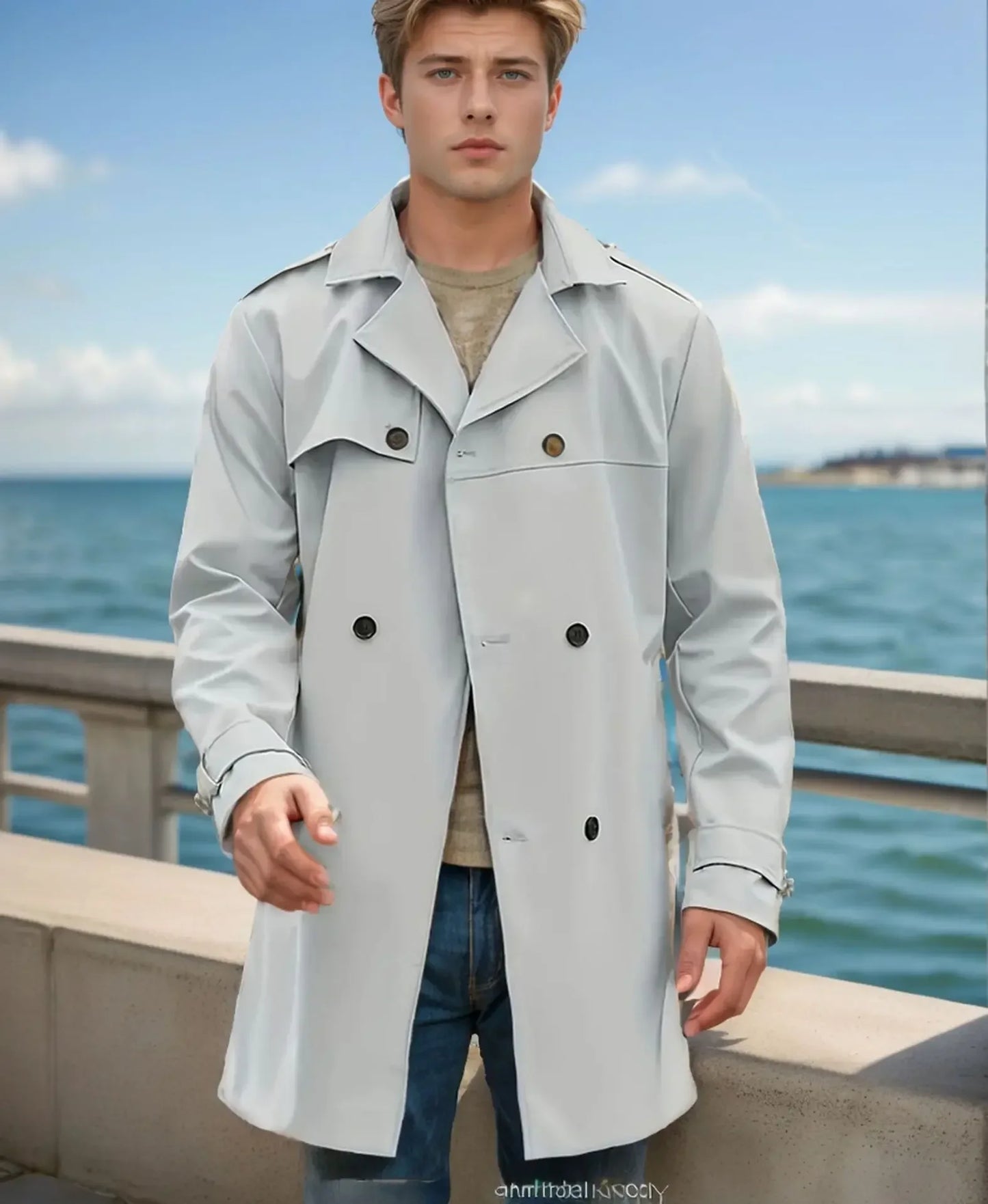 European and American Men's Lapel Slim Fit Double-Breasted Casual Coat Spring and Autumn Solid Color Long Sleeve Windbreaker