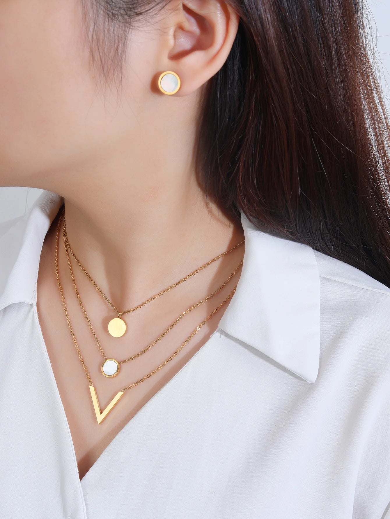 3 piece set for women 18K gold-plated stainless steel V-shaped shell drop oil stack wear necklace earrings Mother's Day gift