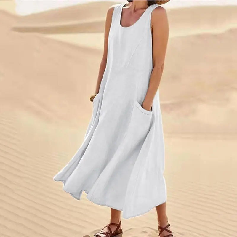 Chic Women Coton Linen Sundress Summer Female Sleeveless Double Big Pocket Loose Sand Beachwear Long Dress Oversized Vestidos