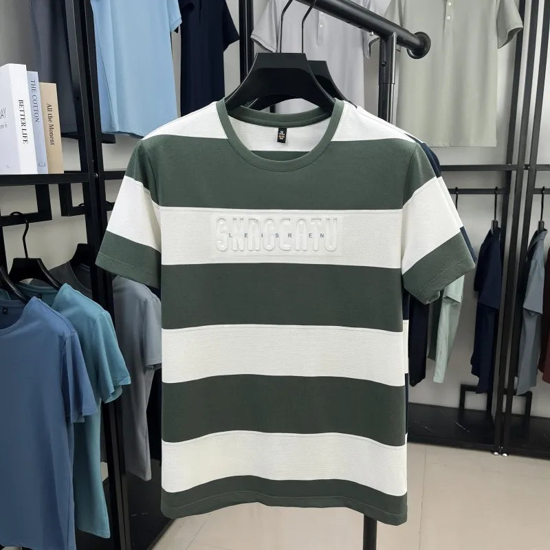 Top Grade Yarn Dyed Striped New Summer Tops Designer Round Neck Tshirt Men 2025 Brand Short Sleeve Casual Fashion Men Clothing