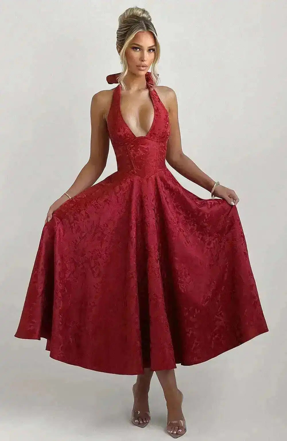 Giyu Club Evening Party Dresses Women 2025 Summer Sexy Bow Halter Long Dress Elegant Jacquard Lace Up Backless Birthday Robe