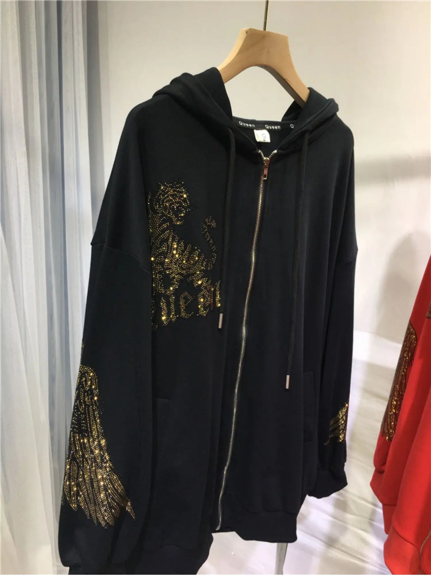 Plus Size Women Clothing Rhinestones Zip Up Hoodies & Sweatshirt Women Men Winter Autumn Luxury Brand Hoodie Woman Blouse