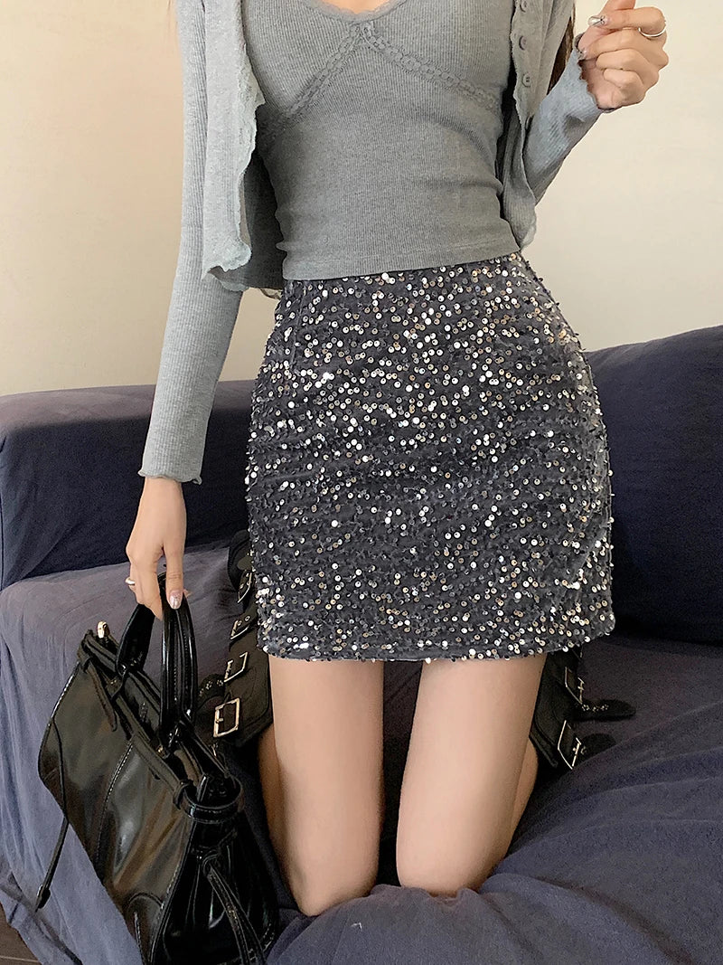 High Waist Sequined Casual A Line Skirts Women 2025 Elegant Korean Fashion Y2k Clothes Sweet Kawaii Black Micro Skirt Harajuku