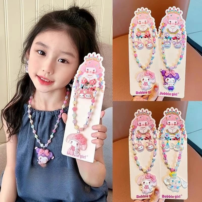 Kawaii Sanrio Beaded Necklace Girls Jewelry Ear Clip Set Kuromi Cinnamoroll Pierced Baby Princess Jewelry Melody Gifts