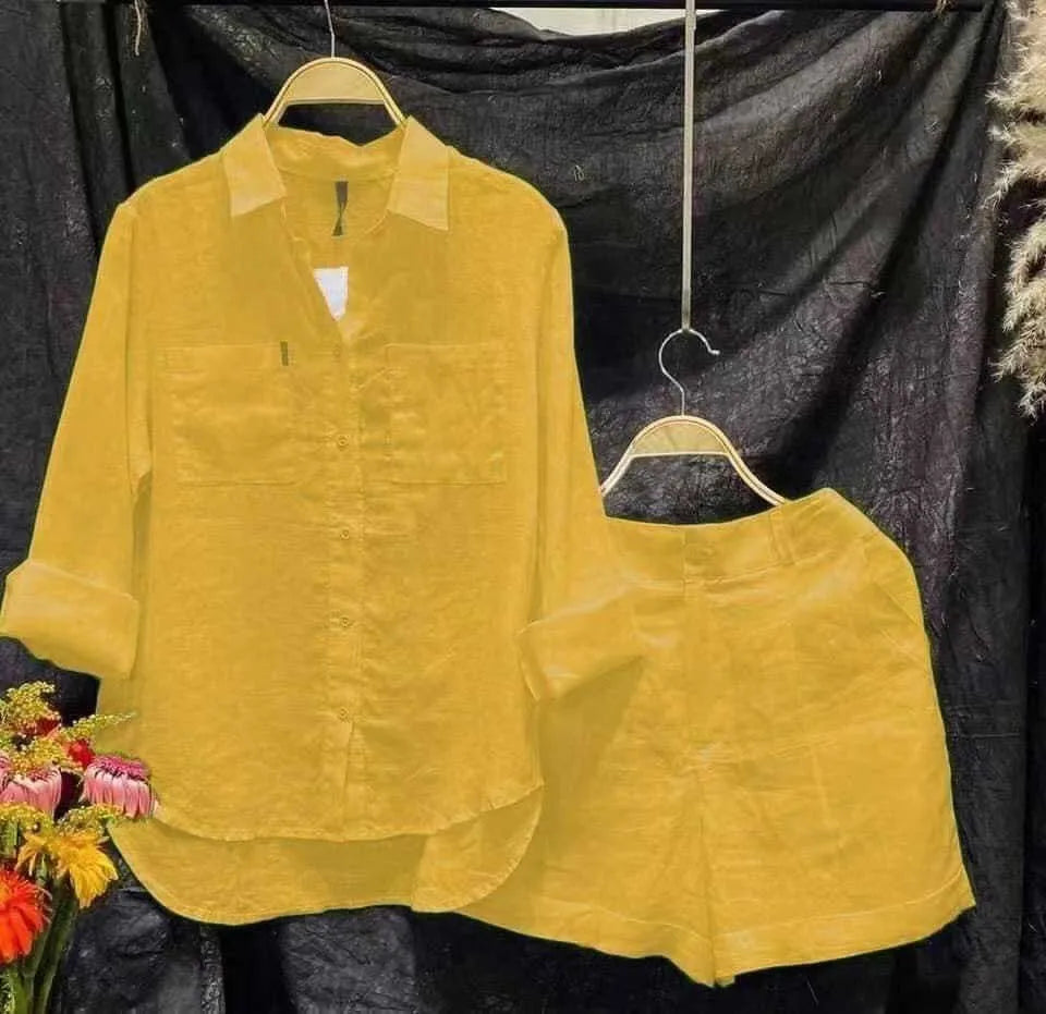 Fashion White Long Sleeve Shirt And Shorts Two Piece Sets Women 2025 Summer Cotton Linen Casual Home 2 Piece Set For Women